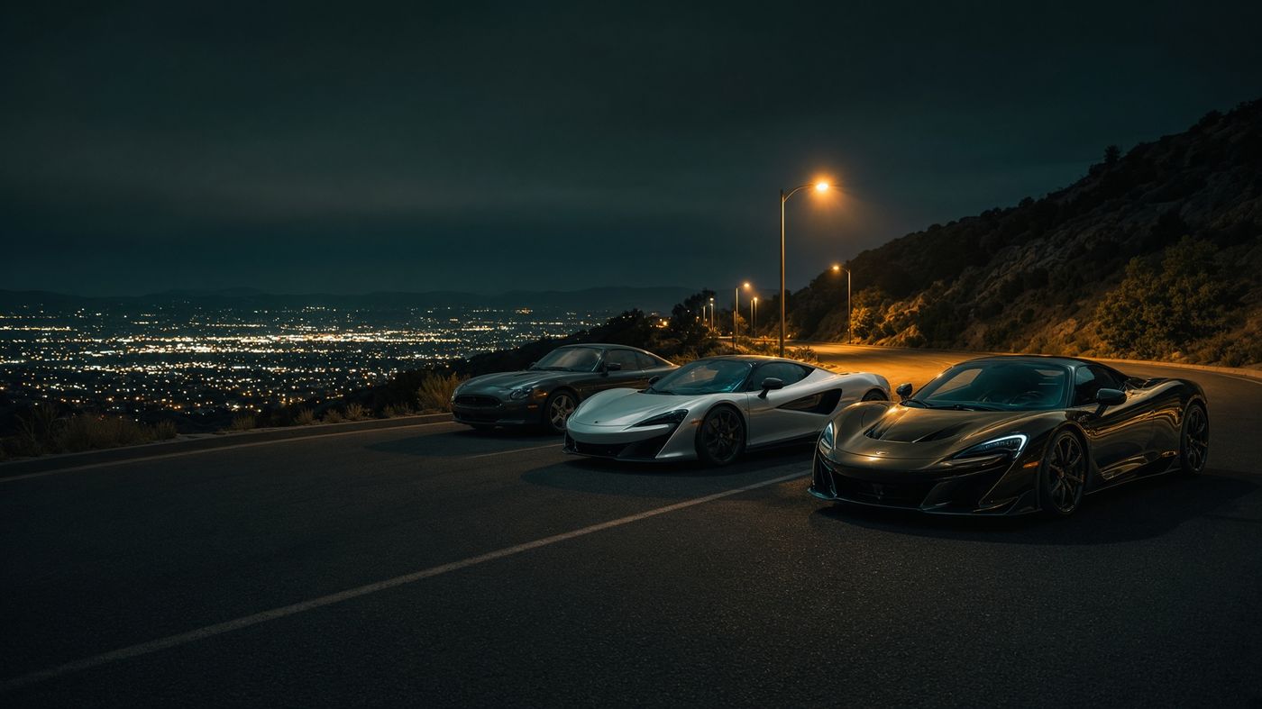 Exotic sports cars parked on an Albuquerque foothills boulevard above city lights
