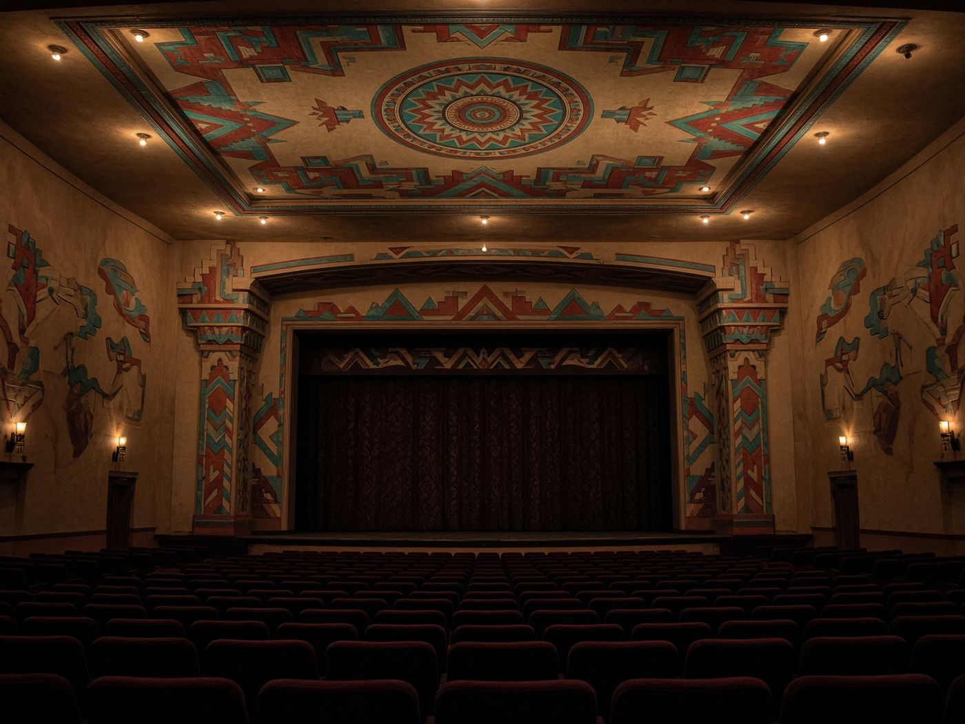 Ornate Pueblo Deco theater interior with turquoise and terracotta geometric murals