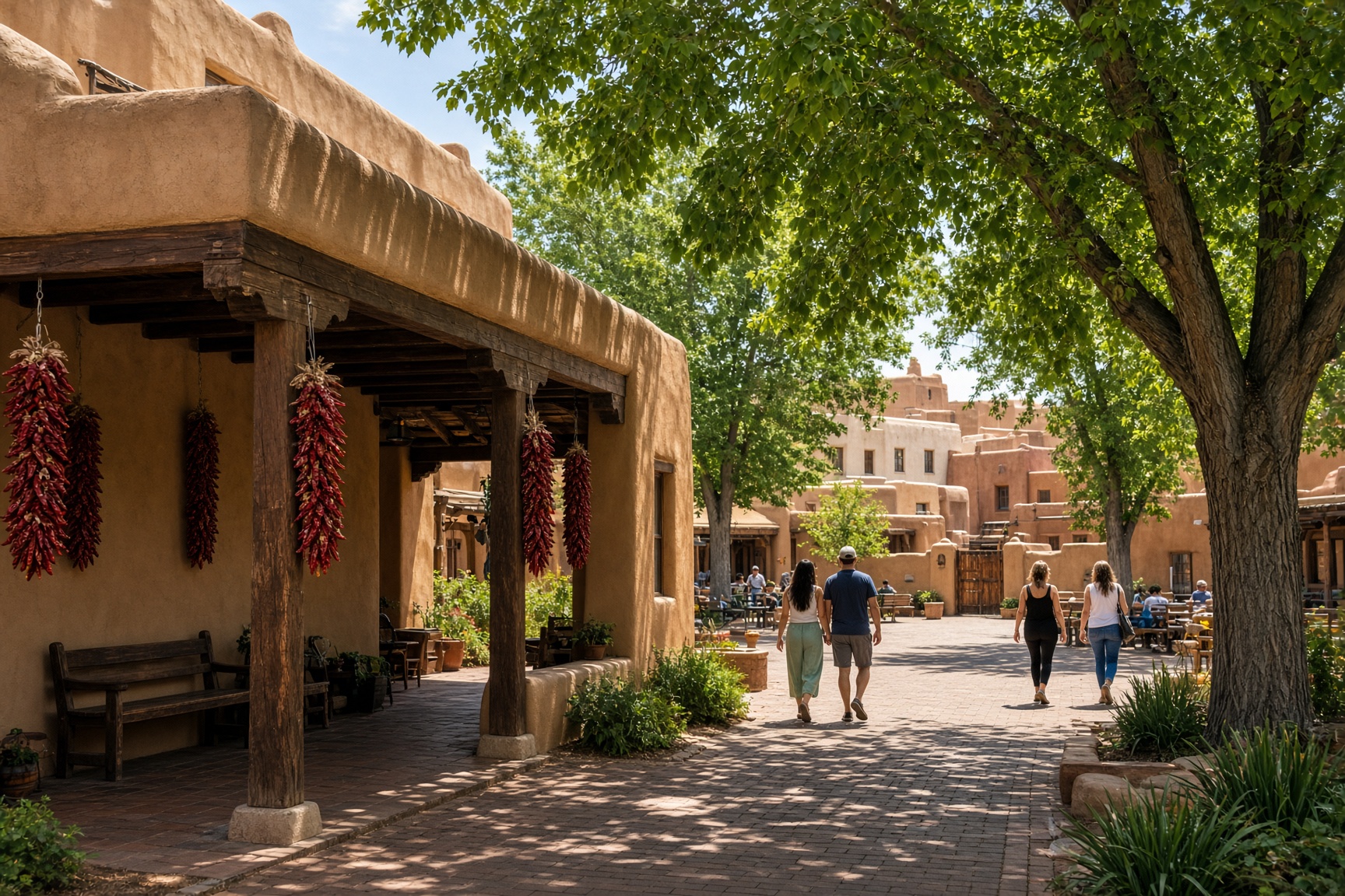 Adobe buildings and church towers around Albuquerque Old Town Plaza at golden hour