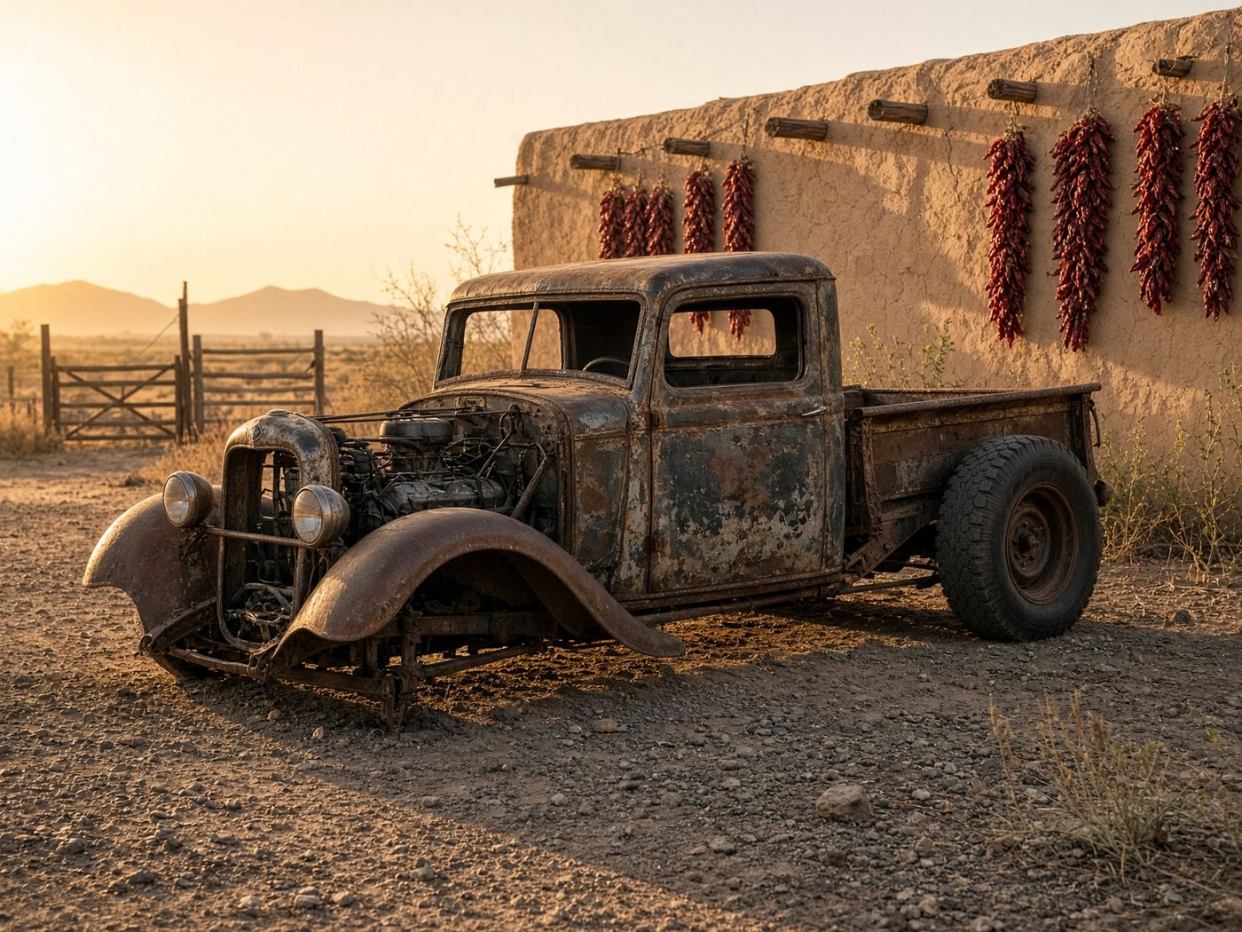 A patina rat rod pickup beside an adobe wall and hanging red chile ristras