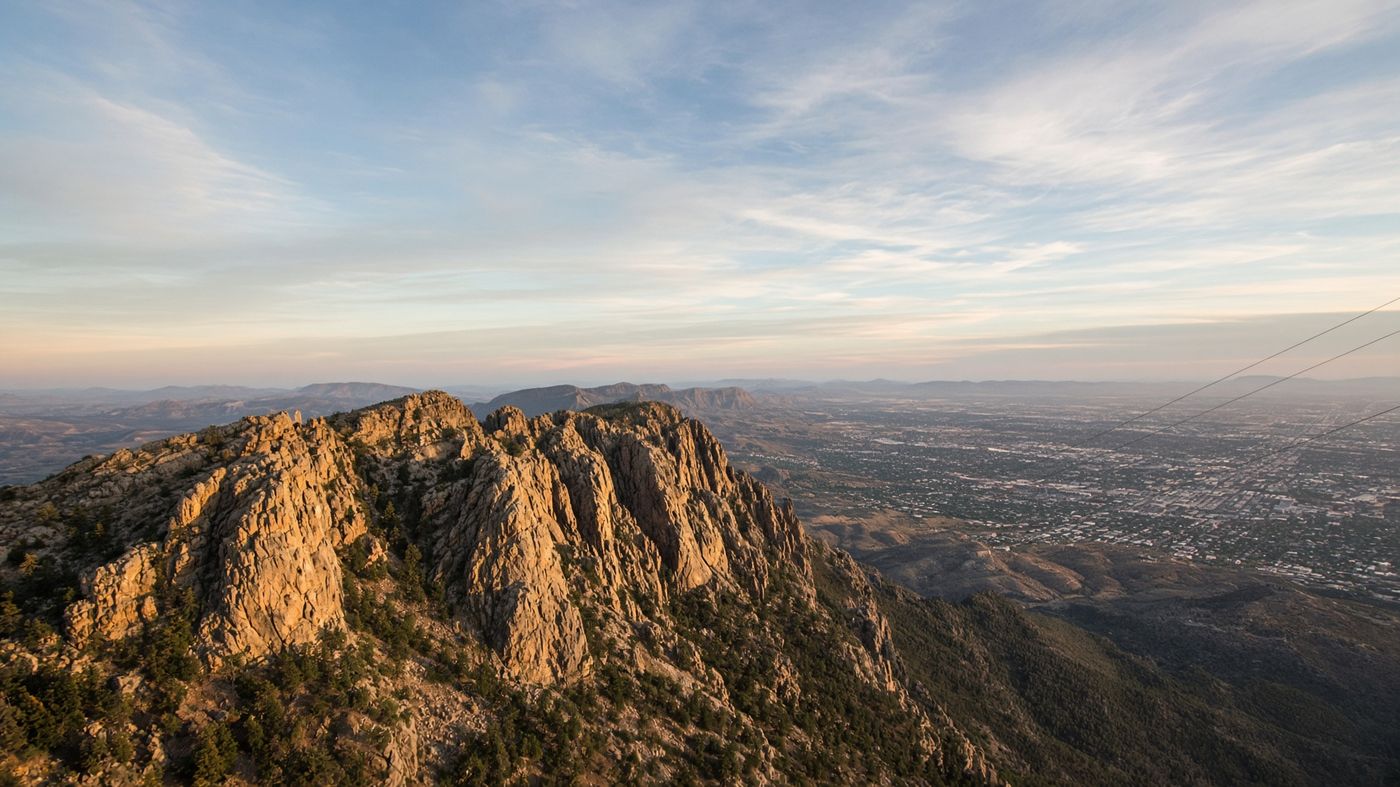 Sandia Peak ridgeline above Albuquerque in late afternoon light